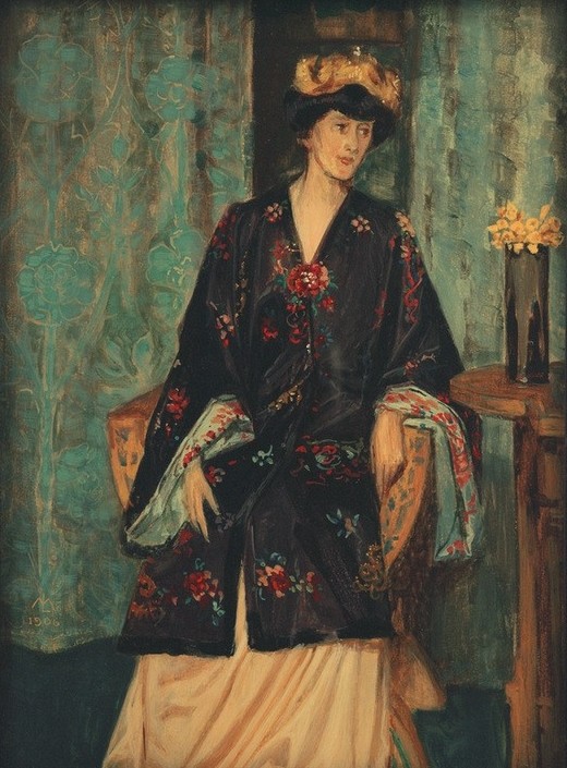 Melchior Lechter, Bildnis Eleonore Reichl in japanischem Gewand auf… (Damenmode,Deutsche Kunst,Frau,Jugendstil,Kopfbedeckung,Kunst,Mensch,Mode,Sitzmöbel,Portrait,Blumenstrauss,Vase,Thron,Lehnstuhl,Exotik,Japanmode,Kleidung (Allgemein),Sessel,Kimono,Blume,Monogramm,Sitzen,Geblümt,Kniestück,Gemustert,Halbprofil,Gewand)