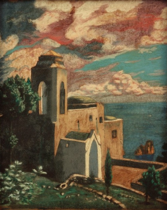 Melchior Lechter, Capri (Ermitage auf Anacapri) (Architektur,Deutsche Kunst,Geographie,Himmel (Natur),Kunst,Landschaft,Meteorologie,Wolke,Meer,Architekturdarstellung,Felsen,Ansicht,Topographie,Ausblick)