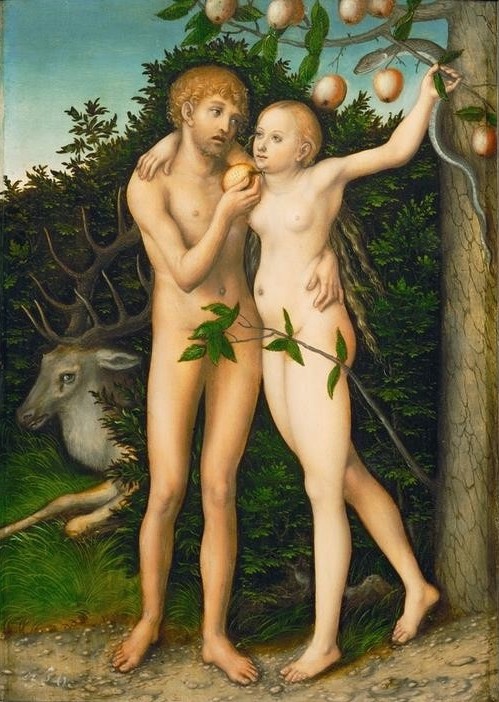 Lucas Cranach der Ältere, Der Sündenfall (Adam und Eva, Paradies,   Tiere, Hirsch, Baum der Erkenntnis, Sündenfall, Bibel, Genesis, Altes Testament, Schlange, Apfel, Aktmalerei,  Klassiker, Renaissance, Wunschgröße, Wohnzimmer)