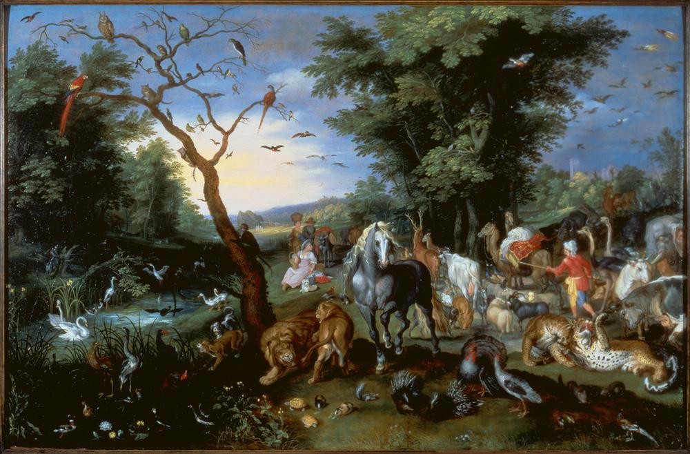 Jan BRUEGHEL DER Jüngere, Der Einzug der Tiere in die Arche Noah (Affe,Kamel,Landschaft,Löwe (Tier),Pferd (Tier),Stachelschwein,Vogel,Zoologie,Altes Testament,Pfau,Bibel,Tiger,Manierismus,Paradies,Arche,Kopie,Niederländische Kunst,Tierleben,Ornithologie,Jüdisch-Christlich,Schimmel (Pferd))