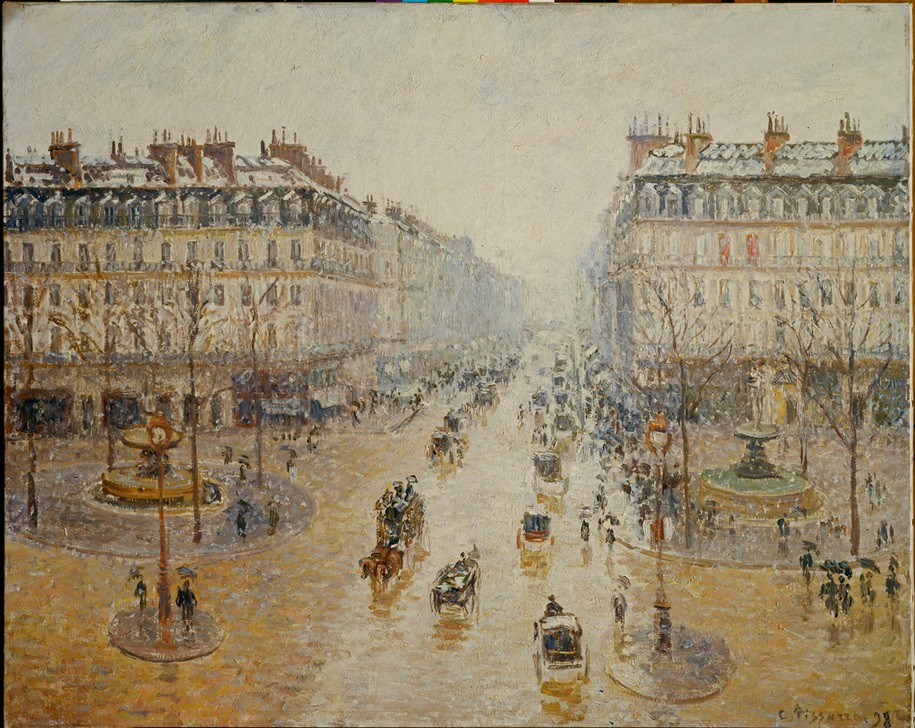 Camille Pissarro, Avenue de l’Opéra. Effet de neige. Matin (Architektur,Geographie,Jahreszeiten,Kutsche,Kunst,Pferdewagen,Stadt,Strasse (Allgemein),Verkehr,Winter,Tageszeiten,Urbanistik,Morgen,Impressionismus,Schnee,Grossstadt,Architekturdarstellung,Schule Von Barbizon,Französische Kunst,Jahrhundertwende,Topograph)