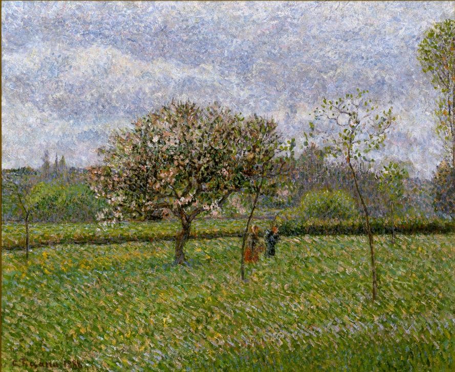 Camille Pissarro, Blühende Apfelbäume in Eragny (Apfel,Baumblüte,Jahreszeiten,Kunst,Landschaft,Mensch,Obstbau,Obstgarten,Impressionismus,Frühling,Baum,Wiese,Schule Von Barbizon,Französische Kunst,Apfelbaum,Menschen Im Garten,Blüte,Landwirtschaft,Nutzgarten)