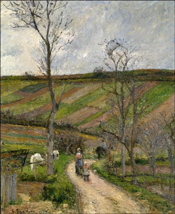 Camille Pissarro, Route du fond de l’Hermitage, Pontoise (Dorfstrasse,Dorfkind,Familie,Frau,Kind,Kunst,Landschaft,Mädchen,Mensch,Mutter Und Kind,Strasse (Allgemein),Impressionismus,Reiter,Baum,Mutter Und Tochter,Schubkarre,Weg,Acker,Schule Von Barbizon,Französische Kunst,Feld,Karren,Landleben,Landbevölkerung,Str)