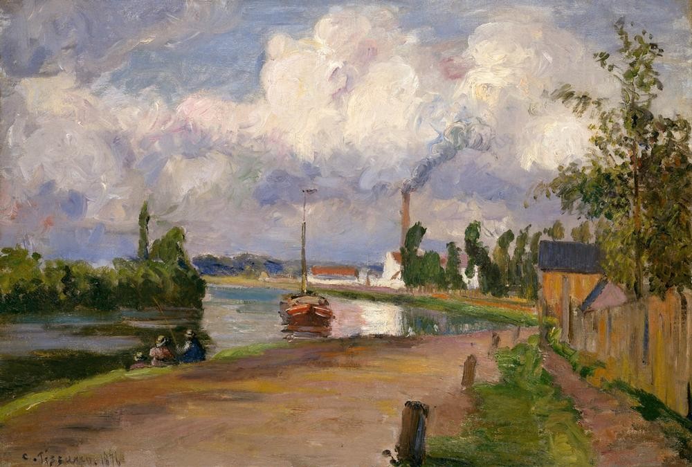 Camille Pissarro, Landschaft an der Oise (Angeln (Sport),Boot,Industrie,Kunst,Landschaft,Schiff,Schornstein,Luftverschmutzung,Impressionismus,Fluss,Fabrik,Französische Kunst,Rauch,Uferstrasse,Emission)