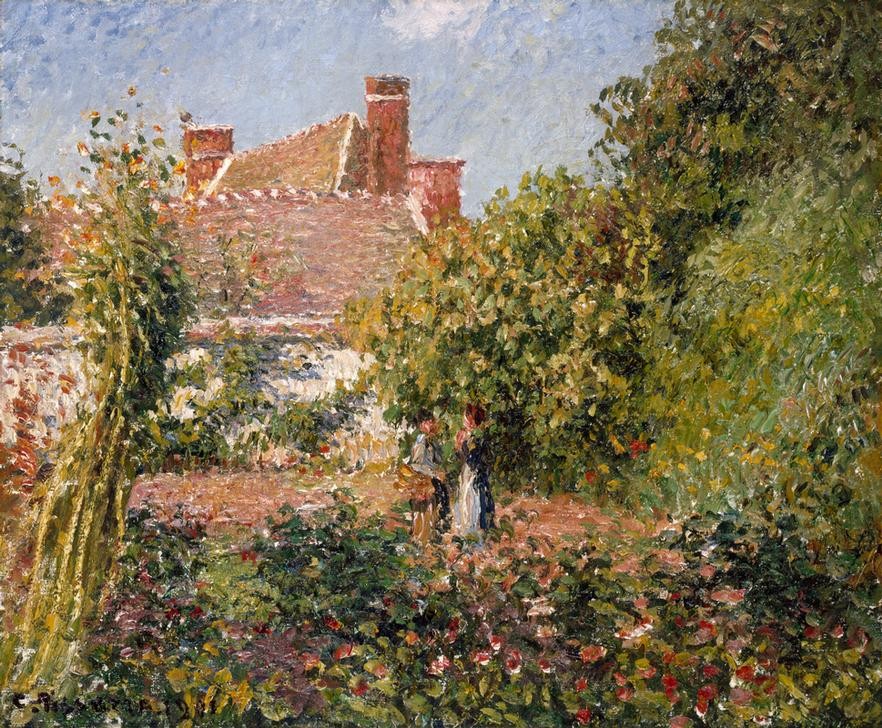 Camille Pissarro, Gemüsegarten in Eragny, Nachmittag (Garten Und Park,Gemüse,Haus,Kunst,Landhaus,Gemüsegarten,Tageszeiten,Nachmittag,Schornstein,Impressionismus,Architekturdarstellung,Französische Kunst,Gartenmauer,Menschen Im Garten,Aussenansicht,Jahrhundertwende,Kamin,Nutzgarten,Unterhaltung (Gespräch),Gar)