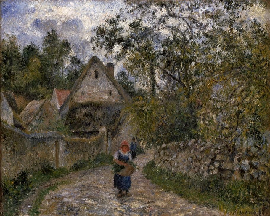 Camille Pissarro,  Dorfstraße – Katen in La Valhermeil (Architektur,Dorfstrasse,Dorf,Frau,Haus,Kunst,Landschaft,Mann,Mauer (Architektur),Mensch,Strasse (Allgemein),Impressionismus,Architekturdarstellung,Französische Kunst,Fussgänger,Fussgängerin,Dorfleben,Kate)