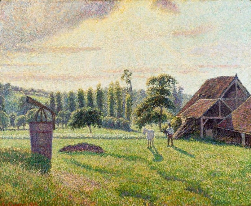 Camille Pissarro, Die Ziegelei Delafolie in Eragny (Architektur,Industrie,Kunst,Landschaft,Mann,Pferd (Tier),Impressionismus,Pointillismus,Technik,Fabrik,Wiese,Architekturdarstellung,Französische Kunst,Ziegelei,Baustoffe,Gebäude)