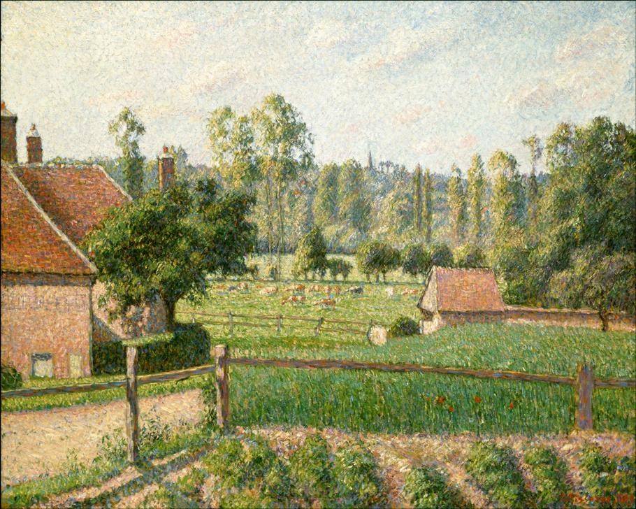 Camille Pissarro, Wiese in Eragny (Bauernhaus,Bauernhof,Dorf,Haus,Kunst,Landschaft,Rinderzucht,Rind,Weide,Impressionismus,Zaun,Wiese,Architekturdarstellung,Schule Von Barbizon,Französische Kunst,Gemüsebeet,Viehzucht,Beet,Weide (Wiese))