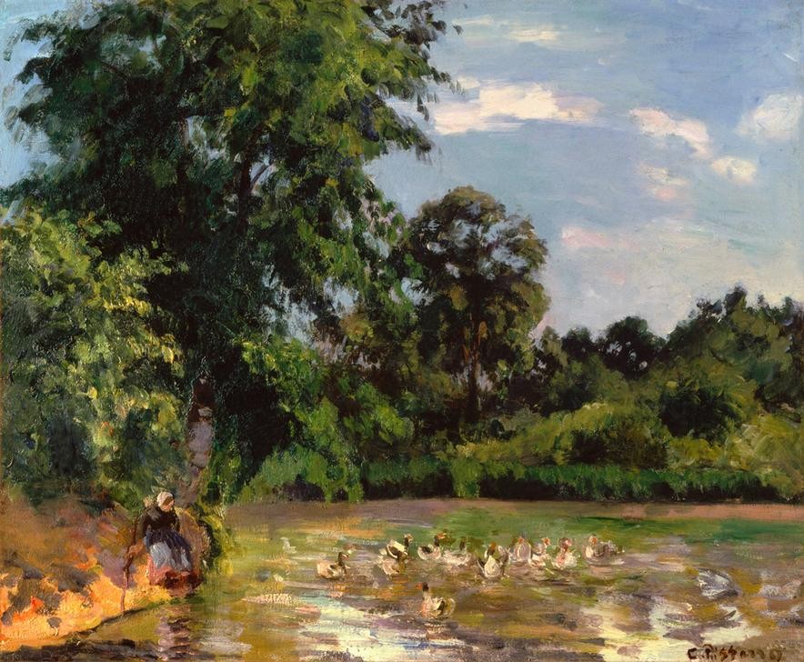 Camille Pissarro, Tümpel mit Enten in Montfoucault (Dorf,Frau,Kunst,Landschaft,Vogel,Impressionismus,See,Baum,Ente,Schule Von Barbizon,Französische Kunst,Ufer,Sitzen,Wasservogel,Tümpel)