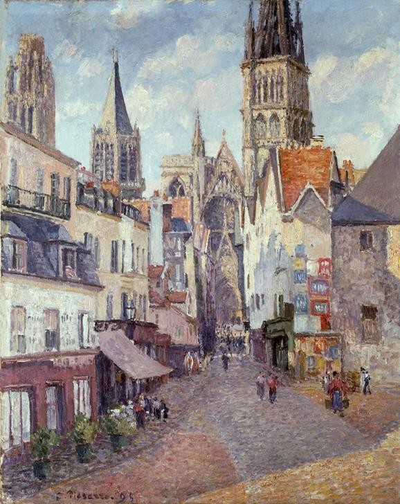 Camille Pissarro,  Sonne, Nachmittag, Rue de l’Epicérie in Rouen (Architektur,Geographie,Haus,Kirche,Kunst,Landschaft,Strasse (Allgemein),Strassenszene,Wohnhaus (Allgemein),Impressionismus,Architekturdarstellung,Schule Von Barbizon,Französische Kunst,Fussgänger,Kirchturm,Jahrhundertwende,Topographie,Häuserzeile,Kathedra)