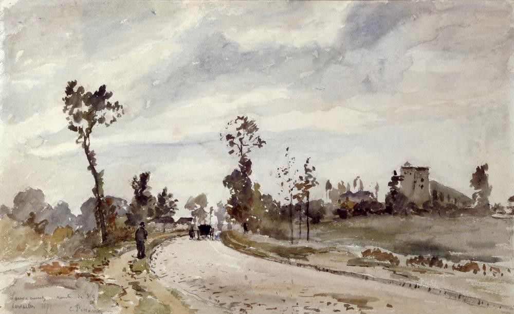 Camille Pissarro, Straße von St. Germain, Lovecienne  (Kutsche,Kunst,Landstrasse,Landschaft,Strasse (Allgemein),Impressionismus,Architekturdarstellung,Französische Kunst,Fussgänger,Fuhrwerk)