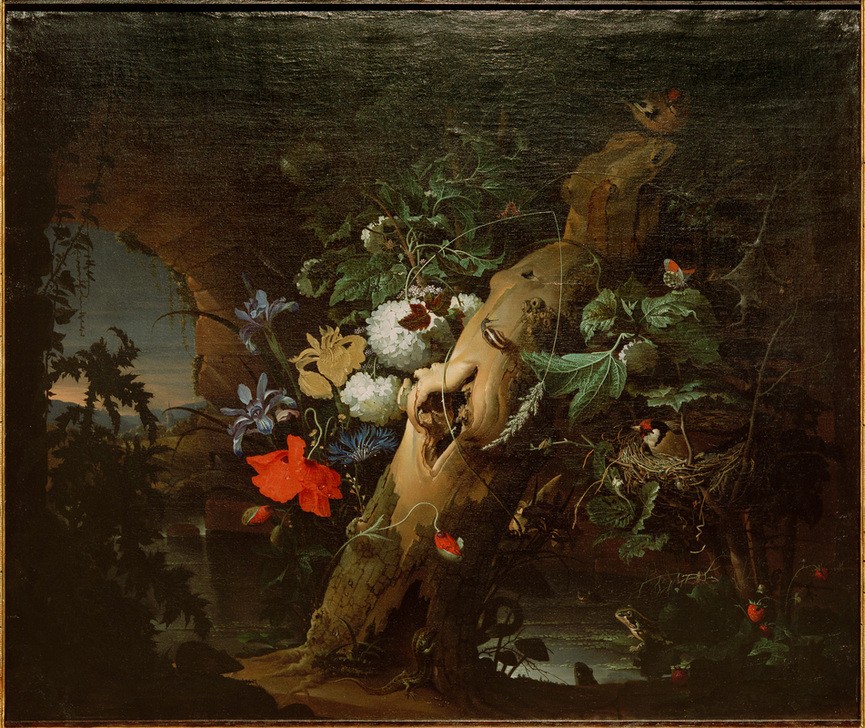 Jan Davidsz.de Heem, Baumstamm mit Blumen, Insekten, Schnecken (Botanik,Frosch,Kunst,Landschaft,Vogel,Zoologie,Barock,Insekt,Stillleben,Niederländische Kunst,Reptilien,Stieglitz,Brüten,Tier,Nest,Blume,Baumstamm,Tümpel,Schnecke (Zoologie))