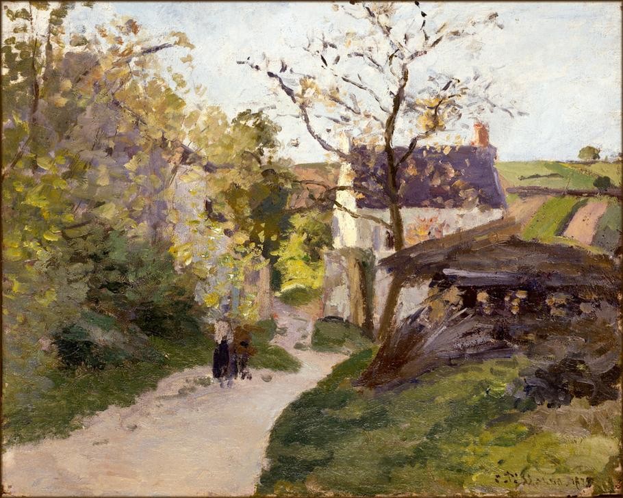 Camille Pissarro, Der große Walnussbaum in l’Hermitage (Dorfstrasse,Haus,Kunst,Landstrasse,Landschaft,Mensch,Strasse (Allgemein),Walnussbaum,Impressionismus,Baum,Architekturdarstellung,Weg,Schule Von Barbizon,Französische Kunst,Strasse (Unbefestigt))