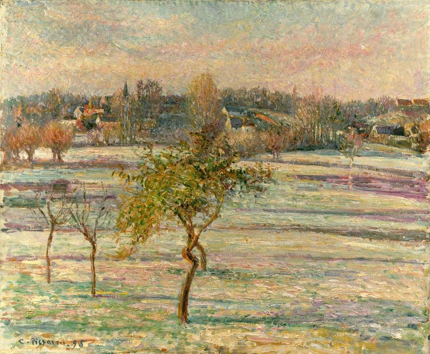 Camille Pissarro, Rauhreif in Eragny (Dorf,Jahreszeiten,Kunst,Landschaft,Winter,Morgen,Impressionismus,Baum,Wiese,Architekturdarstellung,Schule Von Barbizon,Französische Kunst,Raureif,Obstbaum,Weide (Wiese))