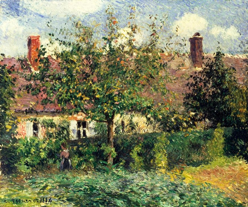 Camille Pissarro, Bauernhaus in Eragny (Bauernhaus,Dorf,Frau,Haus,Kunst,Landhaus,Landschaft,Impressionismus,Baum,Bäuerin,Architekturdarstellung,Schule Von Barbizon,Französische Kunst,Landleben,Hecke)