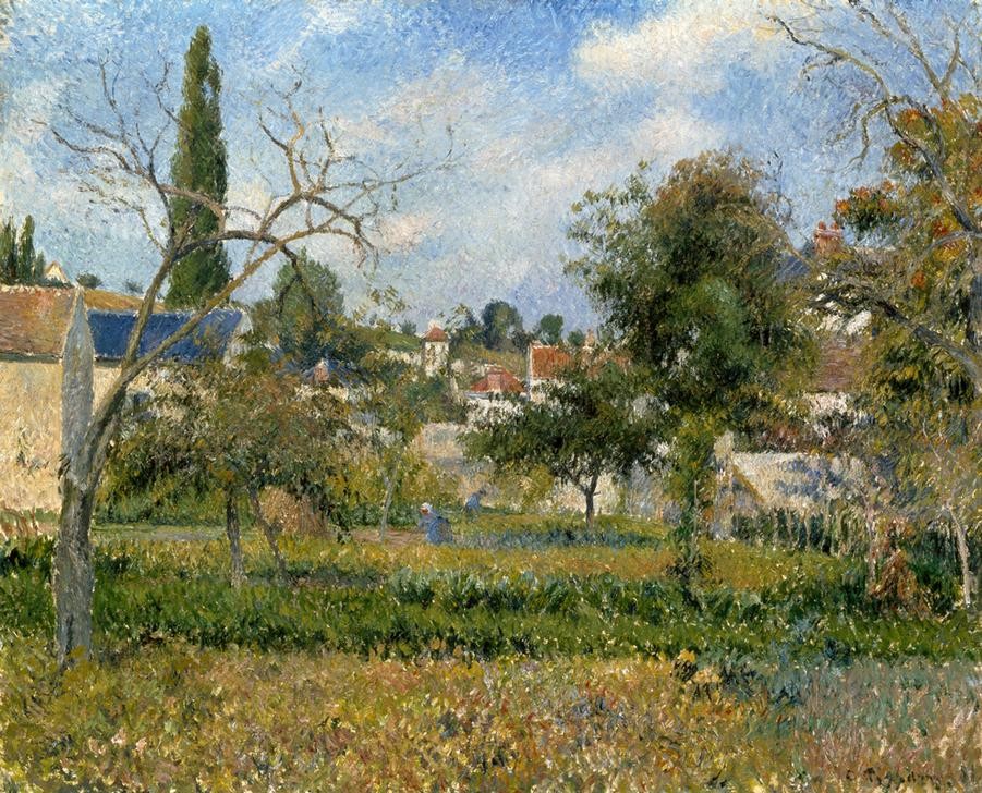 Camille Pissarro, Gemüsegärten, Pontoise (Arbeit,Dorf,Frau,Gemüse,Kunst,Landschaft,Obstbau,Gemüsegarten,Obstgarten,Impressionismus,Kleinstadt,Baum,Architekturdarstellung,Gartenarbeit,Französische Kunst,Landleben,Menschen Im Garten,Gemüseanbau,Obstbaum,Nutzgarten,Garten)