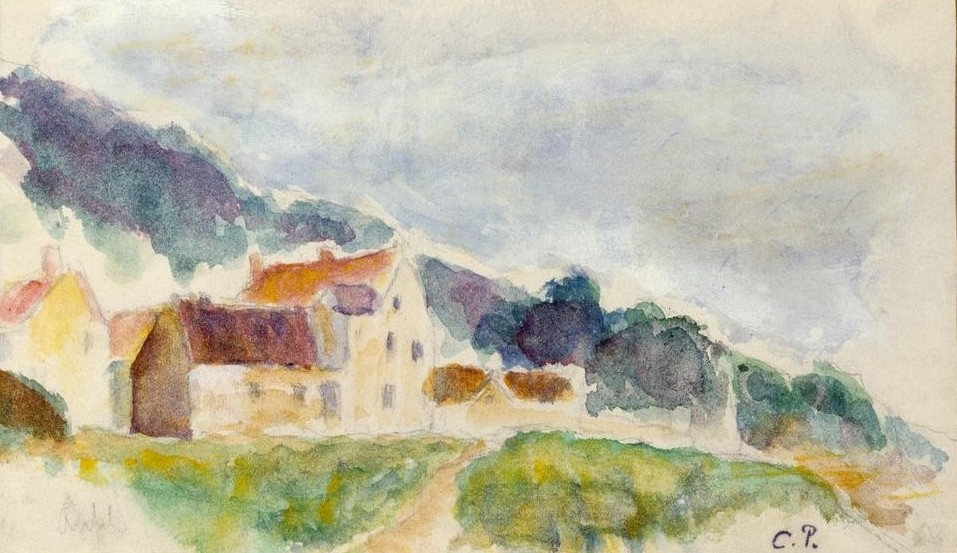 Camille Pissarro, Dorfansicht (Dorf,Haus,Kunst,Landschaft,Strasse (Allgemein),Wohnhaus (Allgemein),Impressionismus,Architekturdarstellung,Weg,Schule Von Barbizon,Französische Kunst,Hügel)