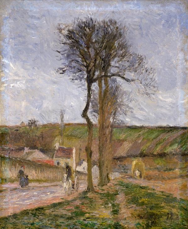 Camille Pissarro,  Straße v. Ennery n. l’Hermitage bei Pontoise (Dorf,Haus,Kunst,Landschaft,Mauer (Architektur),Pferdefuhrwerk,Strasse (Allgemein),Impressionismus,Baum,Architekturdarstellung,Weg,Französische Kunst,Fussgänger,Karren,Baumgruppe,Strasse (Unbefestigt),Strassenbaum)