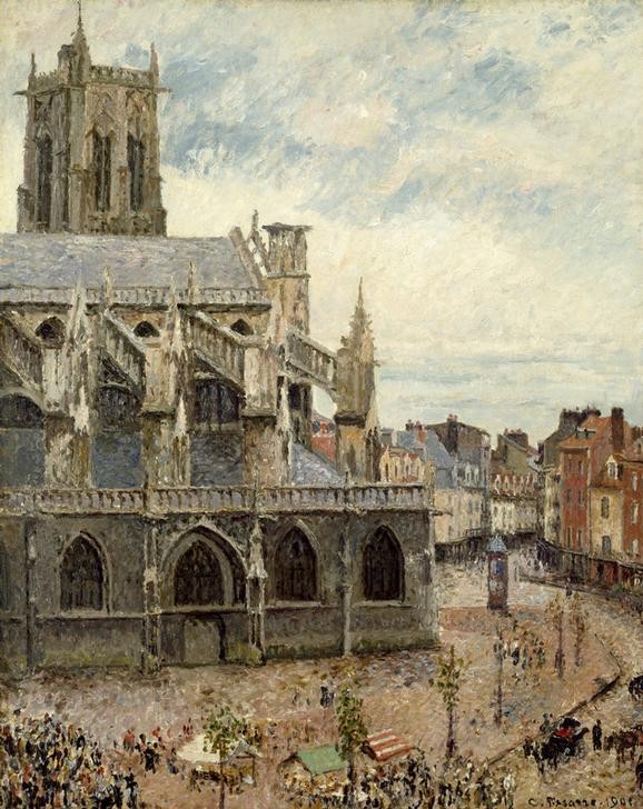 Camille Pissarro, St.–Jacques in Dieppe bei Regen (Kirche,Kunst,Regen,Strassenhandel,Strassenszene,Teilansicht,Wetter,Tageszeiten,Morgen,Impressionismus,Gotik,Stadtansicht,Architekturdarstellung,Französische Kunst,Aussenansicht,Jahrhundertwende,Verkaufsstand)