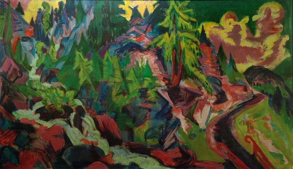 Ernst Ludwig Kirchner, Arvenlandschaft mit Wasserfall (Deutsche Kunst,Gebirge,Kunst,Landschaft,Wasserfall,Expressionismus,Die Brücke,Bach)