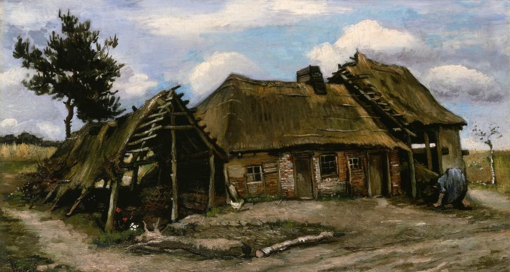 Vincent van Gogh, Paysanne devant une cahumiere (Bauernhaus,Dorf,Frau,Haus,Kunst,Landschaft,Impressionismus,Bäuerin,Stall,Architekturdarstellung,Scheune,Strohdach,Niederländische Kunst,Aussenansicht,Bücken,Kate,Reetdach)