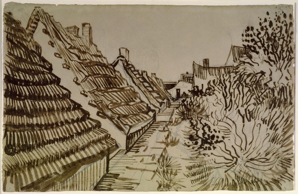 Vincent van Gogh, Mas à Saintes-Maries (Dach,Dorf,Haus,Kunst,Landschaft,Strasse (Allgemein),Hütte,Schornstein,Impressionismus,Architekturdarstellung,Niederländische Kunst,Gasse,Strauch,Kate)