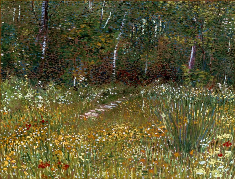Vincent van Gogh, Un parc en printemps (Garten Und Park,Jahreszeiten,Kunst,Landschaft,Park,Wald,Impressionismus,Frühling,Baum,Weg,Niederländische Kunst,Lichtung,Blume,Staude,Pfad)