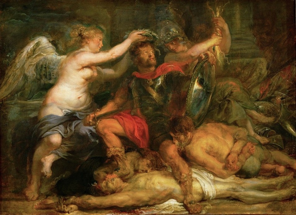 Peter Paul Rubens, Die Krönung des Siegers (Flämische Kunst,Geschichte,Held,Krieg,Krönung,Kunst,Militär,Mythologie,Lorbeer,Barock,Allegorie,Sieg (Erfolg),Gefallene,Lorbeerkranz,Triumph,Niederländische Kunst,Genius,Eroberung,Siegeskranz,Setztartsche,Kranz,Spanisch-Niederländischer Krieg,Rundschild,G)