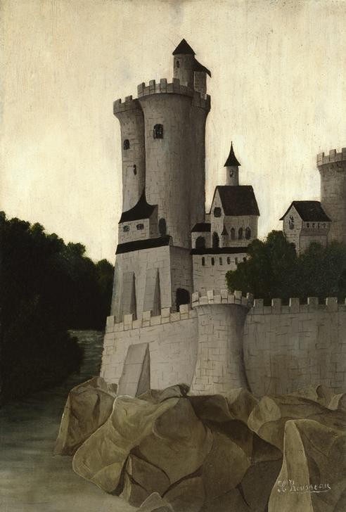Henri Rousseau, Une Citadelle (Architektur,Burg (Bauwerk),Kunst,Landschaft,Schloss,Turm,Zitadelle,Wald,Fluss,Naive Malerei,Architekturdarstellung,Felsen,Französische Kunst,Naive Kunst,Zinnen,Festungsbau)
