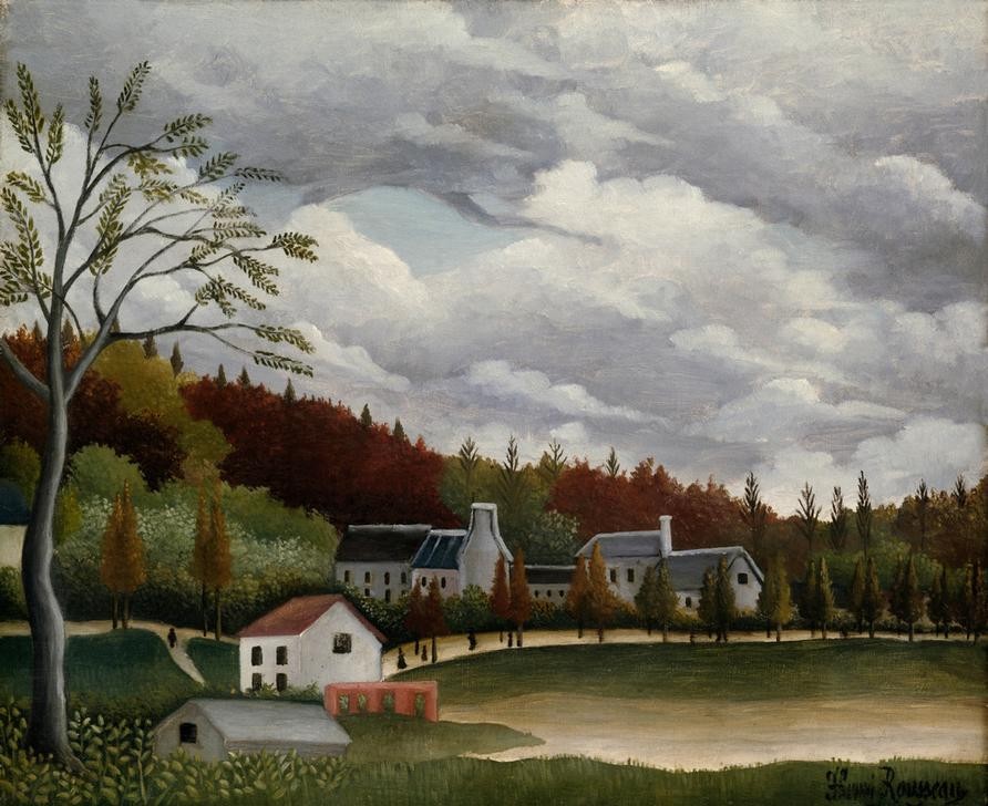 Henri Rousseau, Die Bièvre bei Gentilly (Dorf,Gewässer,Herbst,Jahreszeiten,Kunst,Landschaft,Wolke,Fluss,Naive Malerei,Architekturdarstellung,Französische Kunst,Ufer,Uferweg,Jahrhundertwende,Naive Kunst)