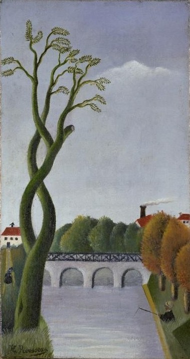 Henri Rousseau, Le pont (Angeln (Sport),Brücke,Kunst,Landschaft,Schornstein,Fluss,Baum,Naive Malerei,Architekturdarstellung,Französische Kunst,Rauch,Naive Kunst)