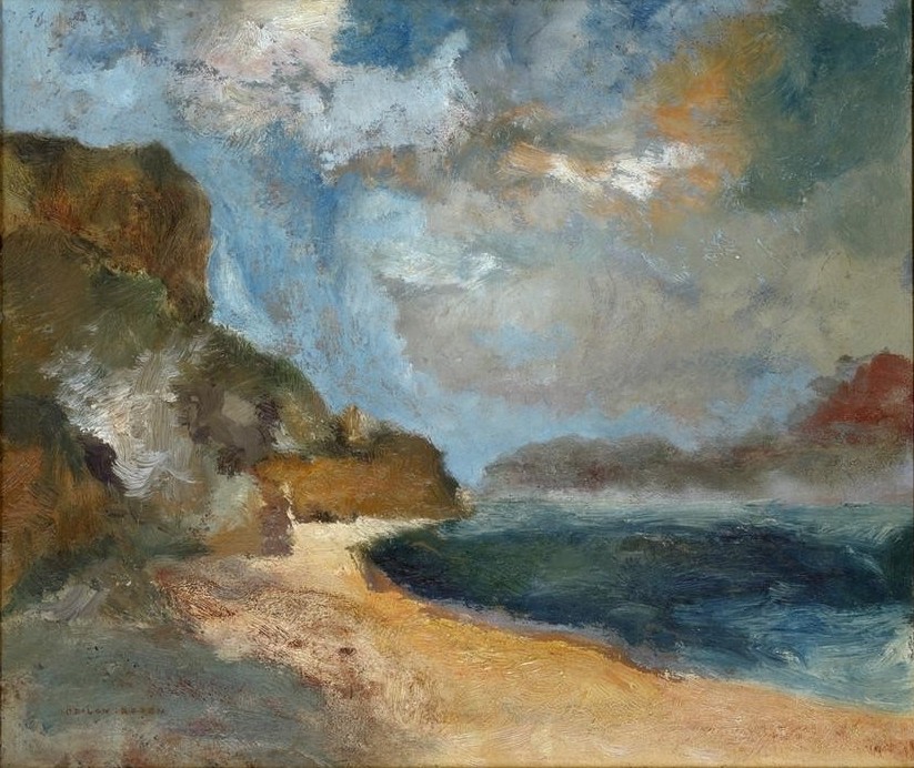 Odilon Redon, Paysage maritime (Himmel (Natur),Küste,Kunst,Landschaft,Strand,Wolke,Meer,Symbolismus,Marinemalerei,Felsen,Französische Kunst,Steilküste)