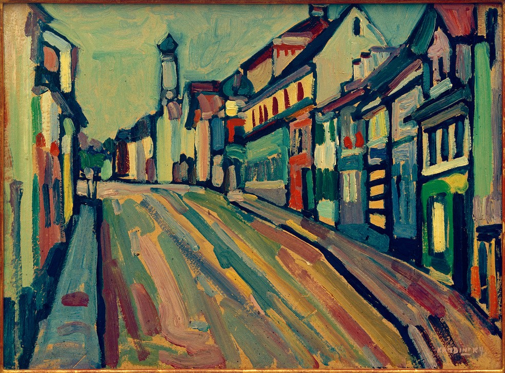 Wassily Kandinsky, Murnau – Untermarkt (Deutsche Kunst,Dorfstrasse,Dorf,Kunst,Strasse (Allgemein),Turm,Expressionismus,Der Blaue Reiter,Vedute,Russische Kunst,Architekturdarstellung,Häuserzeile,Privatsammlung)