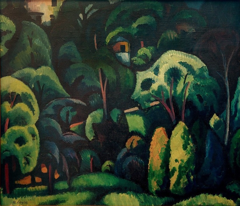 Adolf Erbslöh, Großer Park in Calenberg (Garten, Park, Haus, Landschaft, Bäume, Expressionismus, Malerei, Wunschgröße, Wohnzimmer, Klassische Moderne,)