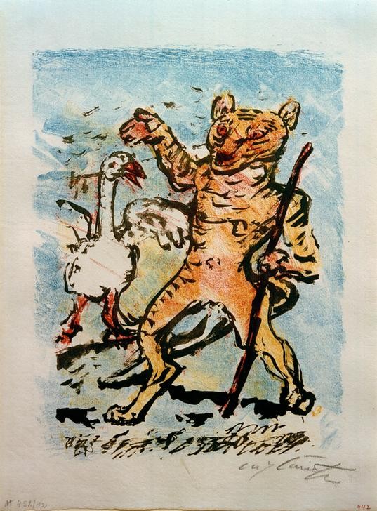Lovis Corinth, Der Kater, aufrecht stehend, erhebt die rechte Tatze, in der Hand hält er einen Stock, hinter ihm eine Gans mit ausgebreiteten Flügeln (Deutsche Kunst,Satire,Katze (Tier),Kunst,Literatur,Tierfabel,Gans (Zoologie),Fabel,Tier In Menschenrolle,Kater (Tier),Gesellschaftskritik,Illustration,Anthropomorphismus,Epos,Person)