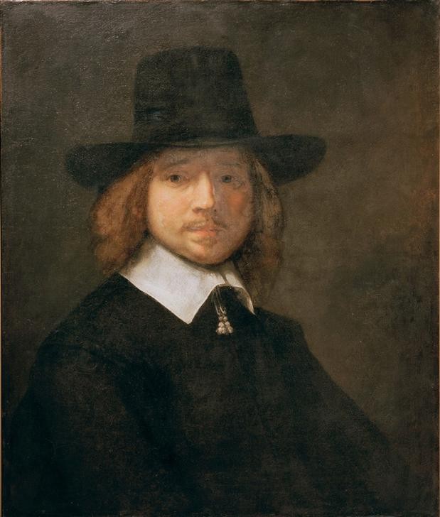 Rembrandt Harmenszoon van Rijn, Herrenbildnis (Herrenhut,Mann,Mensch,Hut,Schnurrbart,Portrait,Rembrandtschule,Helldunkel,Niederländische Kunst,Holländische Kunst,Kragen,Brustbild,Junger Mann)