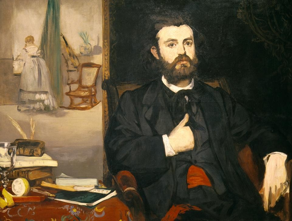Edouard Manet, Bildnis des Dichters Zacharie Astruc (Bildhauer,Buch,Frau,Dichter,Künstler,Kunstschriftsteller,Kunst,Literatur,Maler (Künstler),Mann,Schriftsteller,Wohnung,Bart,Stillleben,Hand,Portrait,Interieur,Französische Kunst,Vollbart,Zitrone,Sitzen,Blick Aus Dem Bild,Halbfigur,Durchblick,Körperhaltung,)