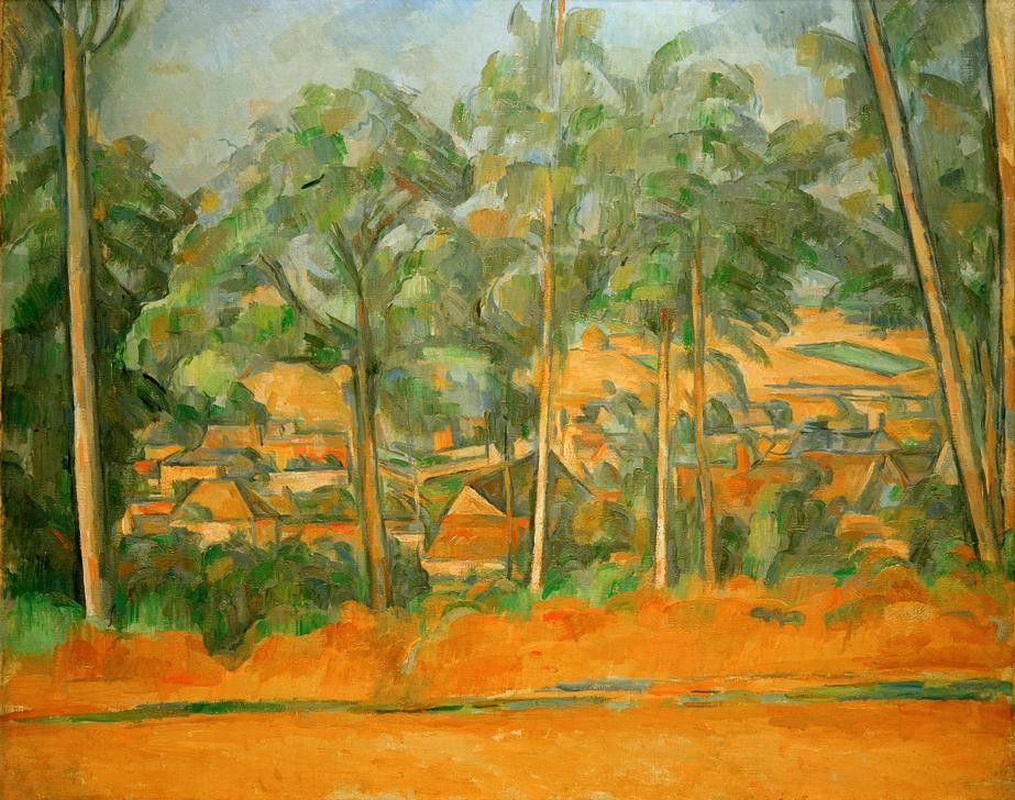 Paul Cézanne, Village derrière les arbres (Dorf,Kunst,Landschaft,Impressionismus,Baum,Französische Kunst,Ansicht,Jahrhundertwende,Baumgruppe)