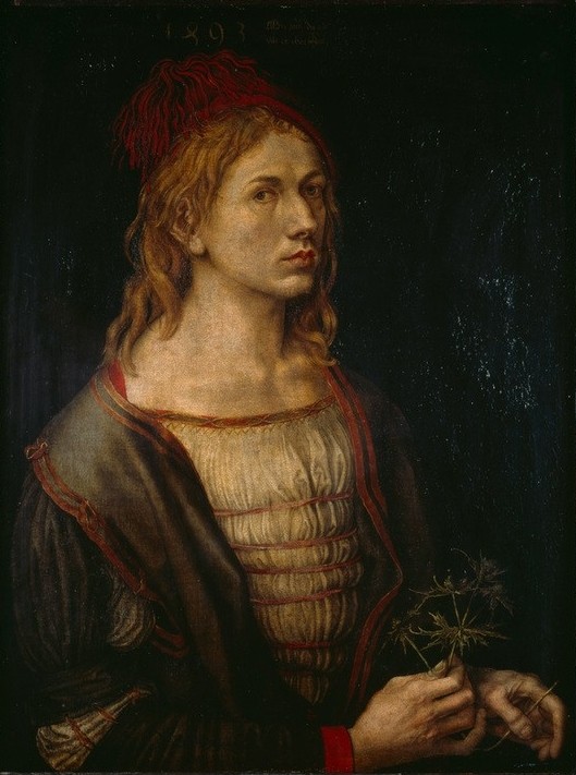 Albrecht Dürer, Selbstbildnis (Botanik,Deutsche Kunst,Eryngium,Grafiker,Kopfbedeckung,Künstler,Kupferstecher,Maler (Künstler),Mann,Selbstbildnis,Renaissance,Hand,Portrait,Brautwerbung,Männertreu,Bräutigam,Person,Blume Als Symbol,Holzschneider)