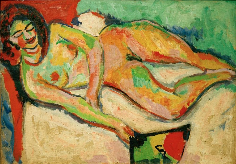 Ernst Ludwig Kirchner, Liegender Akt mit Fächer (Deutsche Kunst,Fächer,Frau,Akt,Expressionismus,Liegen)