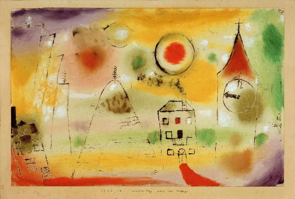 Paul Klee, Wintertag kurz vor Mittag (Deutsche Kunst,Jahreszeiten,Landschaft,Winter,Sonne,Tageszeiten,Mittag,Turmuhr,Schweizerische Kunst,Kirchturm, Klassische Moderne, Wunschgröße, Wohnzimmer, Treppenhaus)