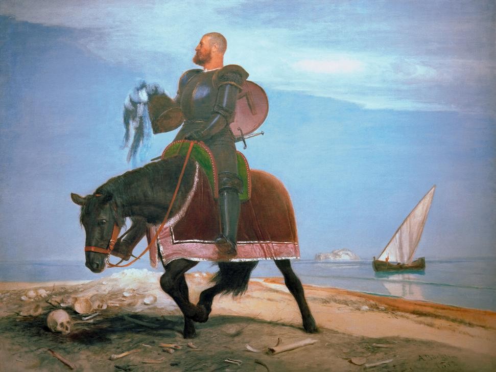 Arnold Böcklin, Der Abenteurer (Abenteurer, Eroberer, Reiter, Pferd, Ritter, Rüstung, Rittertum, Strand,  Meer, Segelboot, Aufbruch, Symbolismus, Wunschgröße, Klassiker, Wohnzimmer, bunt)