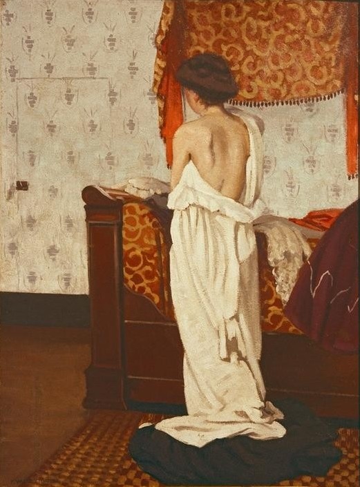 Felix Vallotton, Beim Ankleiden (Frau,Mode,Schlafzimmer,Ankleiden,Interieur,Schweizerische Kunst,Halbakt,Frauenleben,Nabis)