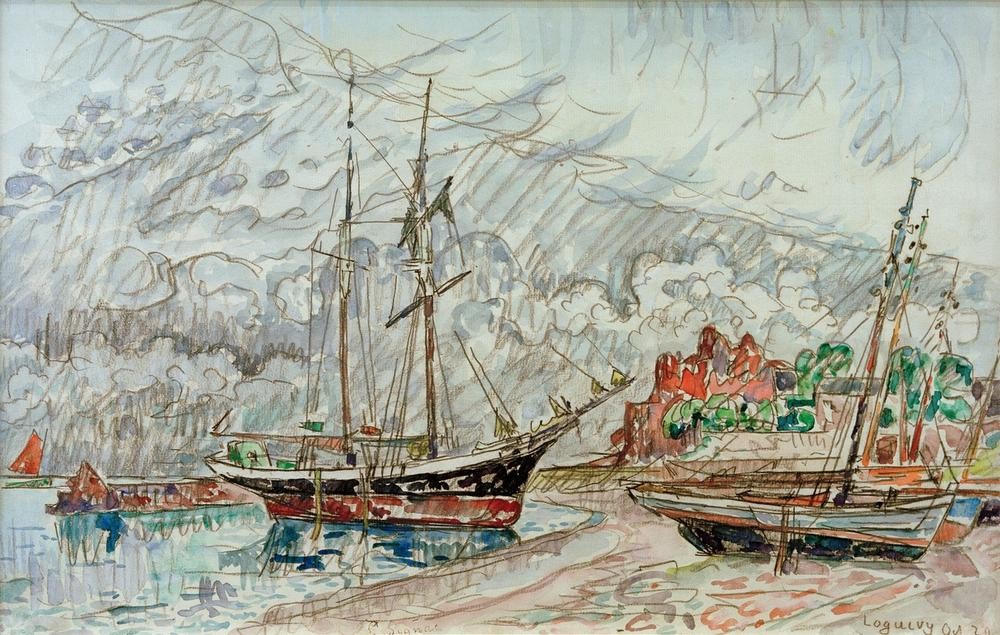 Paul Signac, Marine a Loquivy (Küste,Landschaft,Schiffstypen,Segelschiff,Impressionismus,Segelboot,Französische Kunst,Ufer,Schifffahrt)
