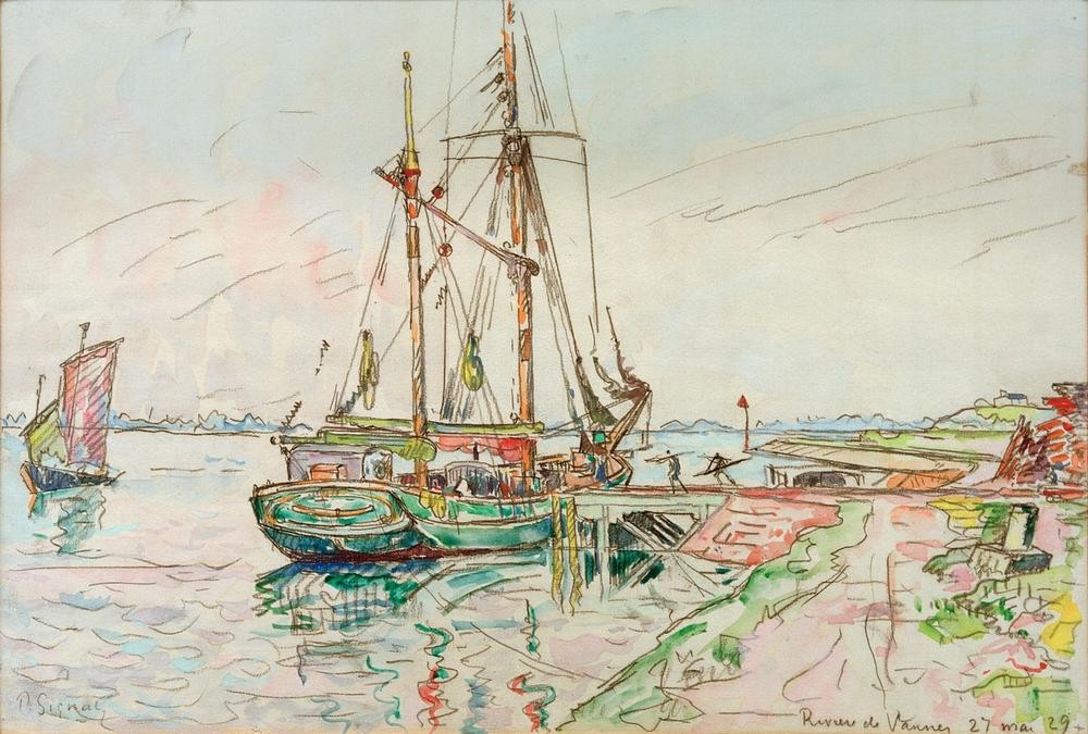 Paul Signac, Rivière à Vannes (Landschaft,Schiff,Segelschiff,Impressionismus,Fluss,Französische Kunst,Binnenschiffahrt,Ufer,Schifffahrt)