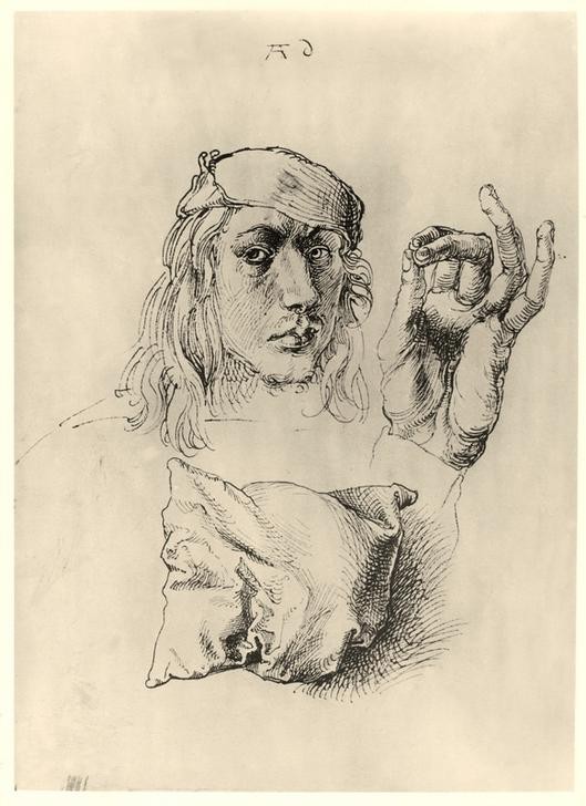 Albrecht Dürer, Selbstbildnis, daneben die linke Hand Dürers, darunter ein Kissen (Kupferstecher,Maler (Künstler),Zeichner,Portrait,Person)