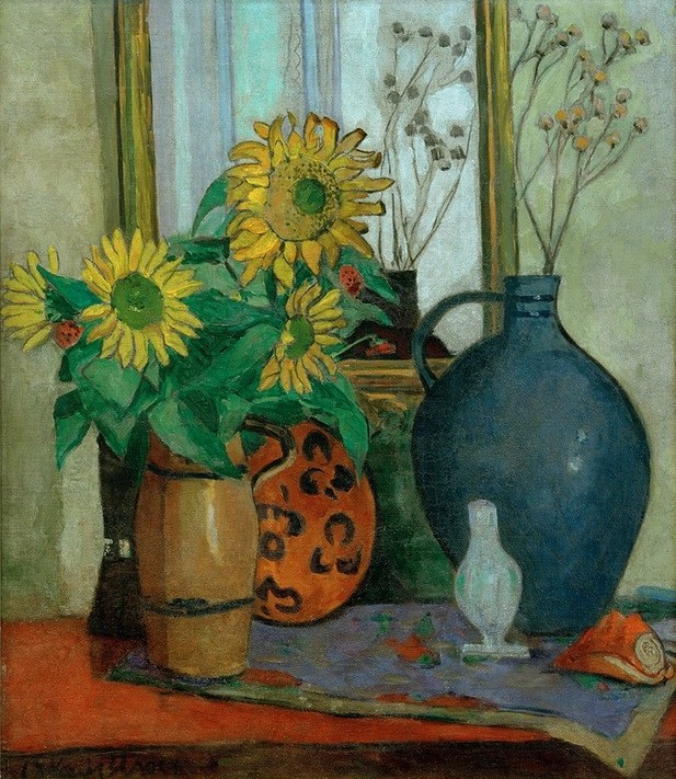 Oskar Moll, Sonnenblumen mit Matisse-Schale (Stillleben, Vasen, Blumen, Sonnenblumen, Spiegel, expressionistisch, klassische Moderne, Wunschgröße, Esszimmer, Treppenhaus, Wohnzimmer, Malerei)