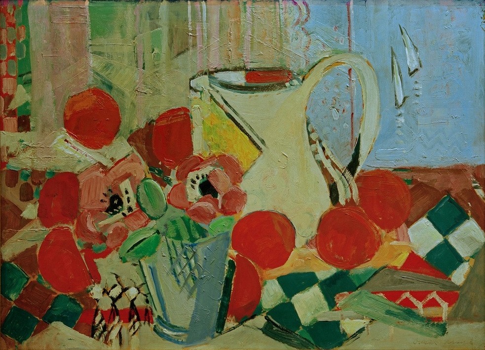 Oskar Moll, Stilleben mit weißem Krug und Kachelmuster (Stillleben, Kanne, Vase, Blumen, Fenster, Früchte, expressionistisch, klassische Moderne, Wunschgröße, Esszimmer, Treppenhaus, Wohnzimmer, Malerei)