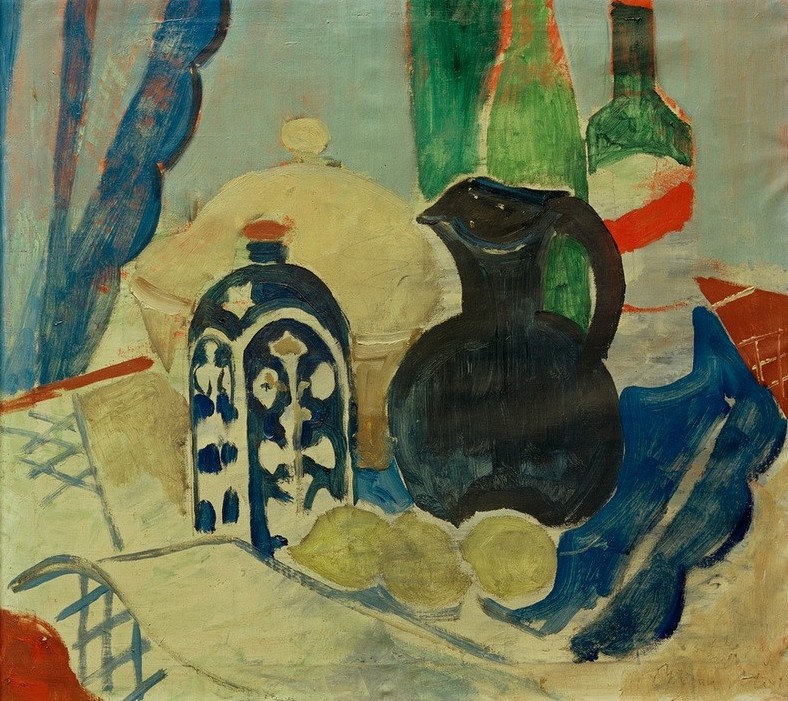 Oskar Moll, Stilleben mit Suppenterrine, Südfrankreich (Stillleben, Kanne, Flasche, Zitronen, Terrine, expressionistisch, klassische Moderne, Wunschgröße, Esszimmer, Treppenhaus, Wohnzimmer, Malerei)