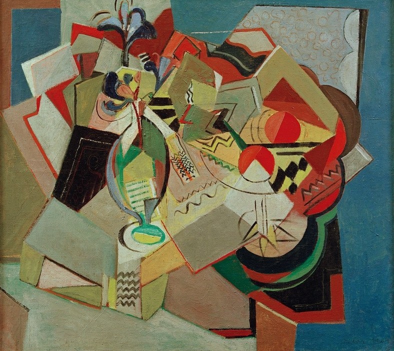 Oskar Moll, Komposition mit Iris und Orangen (Stillleben, Blumen, Vase, Blumen, Kubismus, Moderne, Wunschgröße, Esszimmer, Treppenhaus, Wohnzimmer, Malerei)